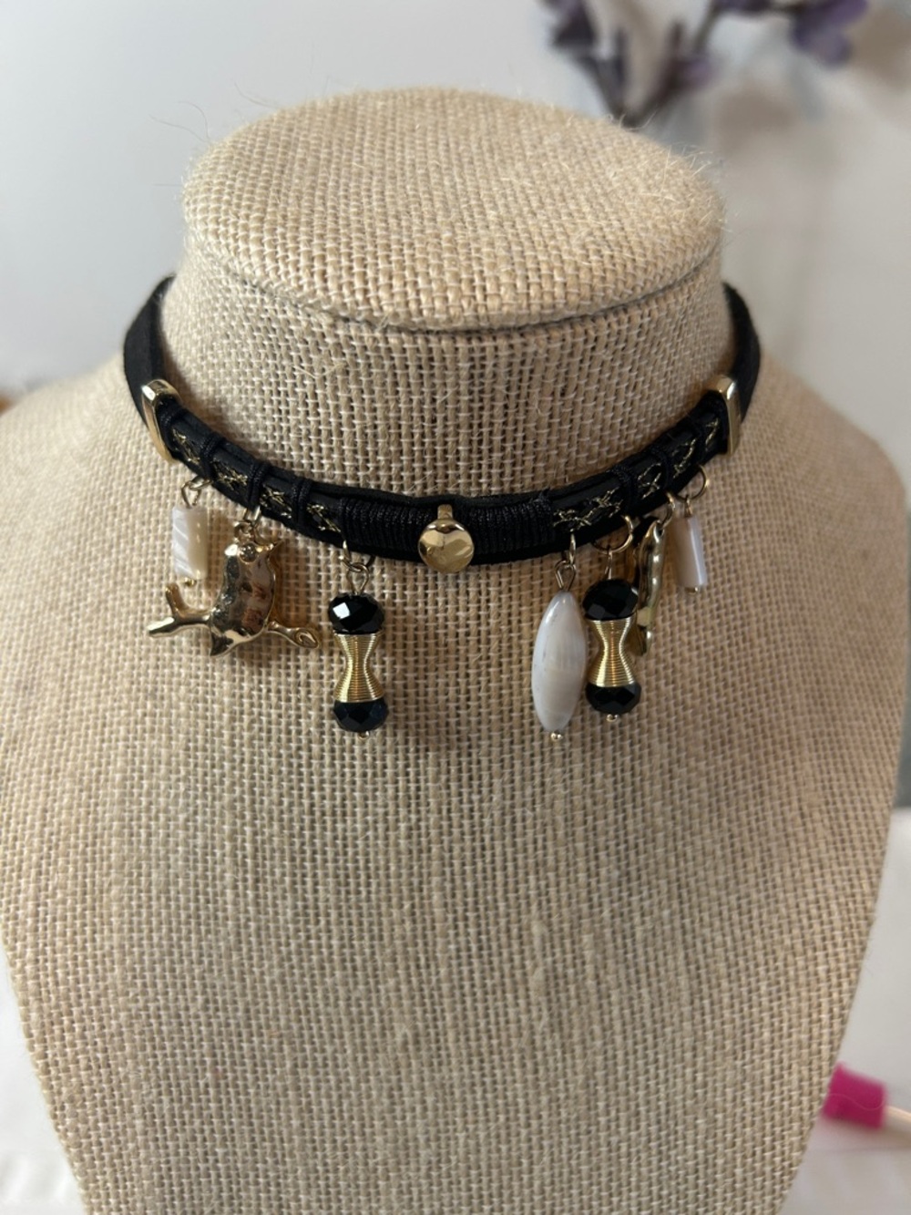Charming Charlie Black and Gold Charm Choker Necklace